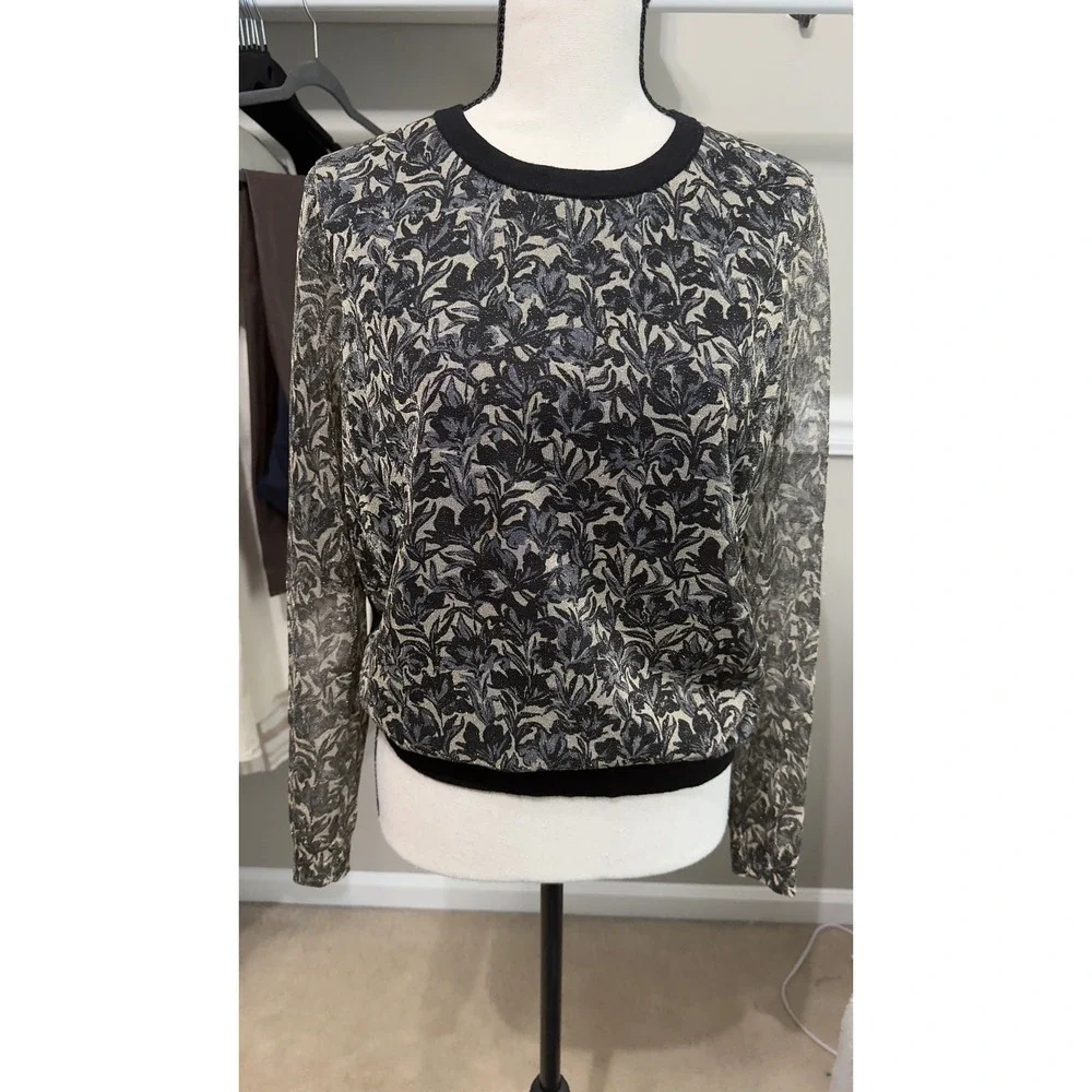 Tory Burch Merino Wool Metallic Floral Jacquard Mixed Sweater Black Small 287